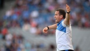 <p>Dublin manager Ger Brennan reacts during the All-Ireland senior football quarter-final against Galway. Pic: Seb Daly/Sportsfile.</p>