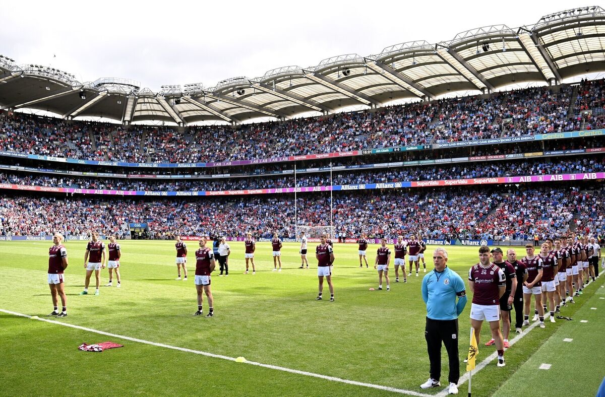 Galway players and support staff stand in a figure of 10 in memory of Paul Clancy before the All-Ireland SC quarter-final against Dublin. Pic: Sam Barnes/Sportsfile