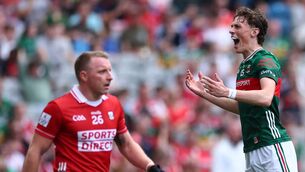<p>Mayo’s Kobe McDonald celebrates at the final whistle. Pic: INPHO/James Crombie</p>