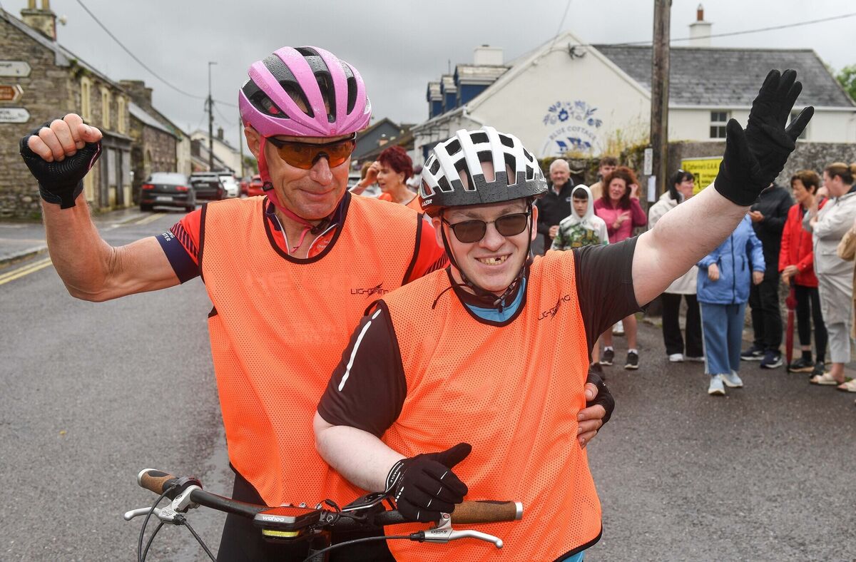 Blind cyclist Donal Ahern and his tandem bike partner Paul Birchall in Ballynoe after cycling from Mallow, Co Cork. Picture: David Keane Blind cyclist Donal Ahern and his tandem bike partner Paul Birchall in Ballynoe after cycling from Mallow, Co Cork. Picture: David Keane