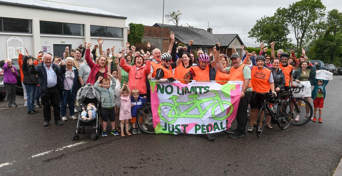 Blind cyclist Donal Ahern and his tandem bike partner Paul Birchall along with family and friends in Ballynoe after completing their cycle from Mallow, Co Cork. Picture: David Keane Blind cyclist Donal Ahern and his tandem bike partner Paul Birchall along with family and friends in Ballynoe after completing their cycle from Mallow, Co Cork. Picture: David Keane