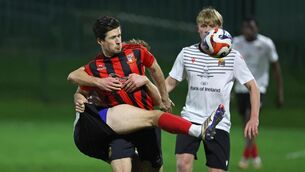 <p> Jack Cairns of Ringmahon Rangers wins the ball during a Munster Senior League clash with UCC. Pic: Jim Coughlan.</p>