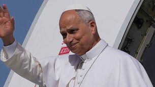 <p>Pope Leo XIV waves as he arrives at the Gran Canaria Gando airbase, in Gando, Gran Canaria, Spain, Thursday, June 11, 2026. (AP Photo/Alessandra Tarantino)</p>