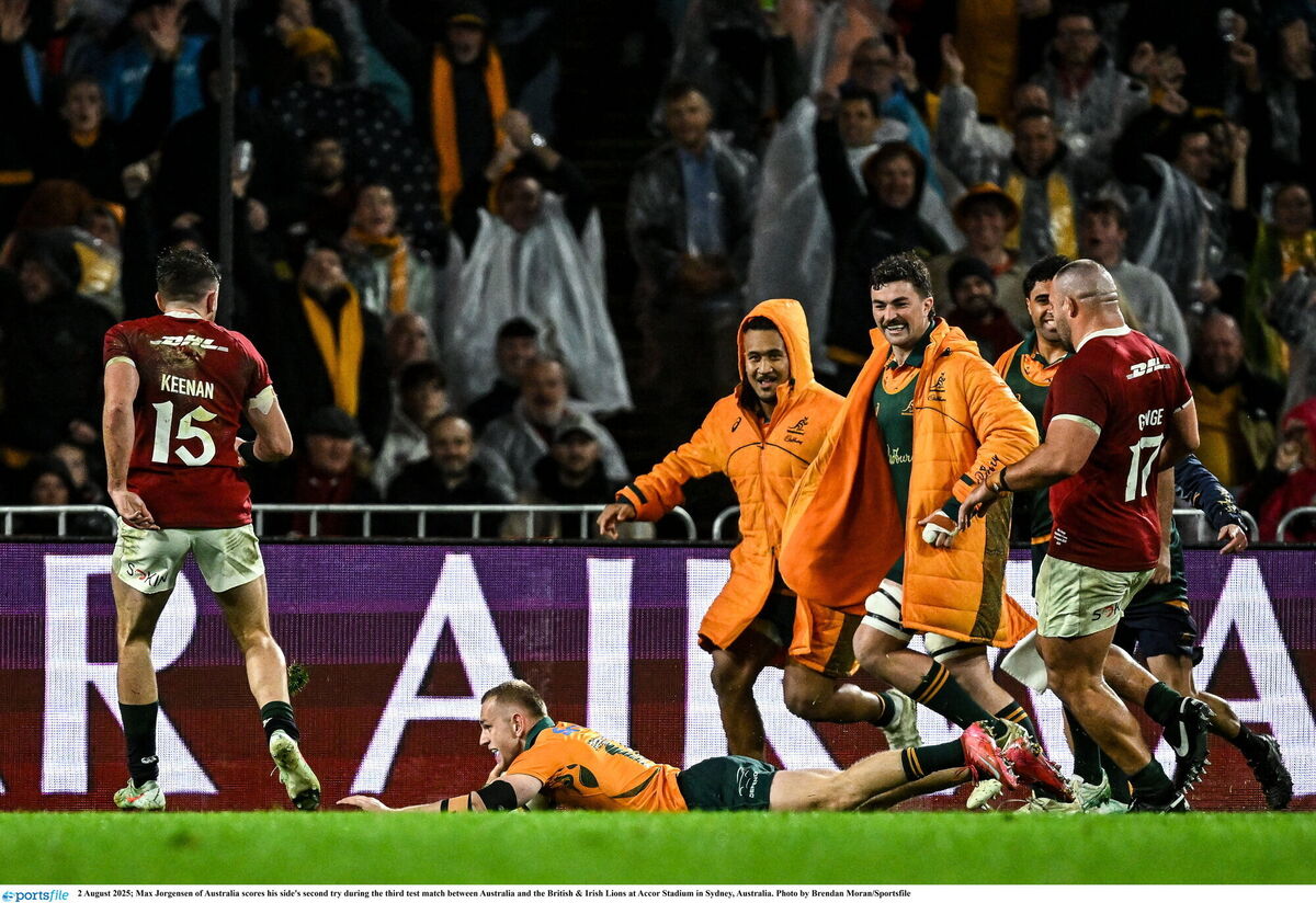 Max Jorgensen of Australia scores his side's second try during the third test against the Lions in Sydney. Pic: Brendan Moran/Sportsfile