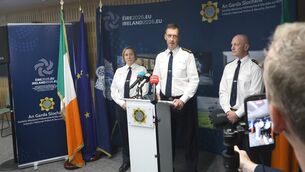 <p>Garda Commissioner Justin Kelly (centre) at a press briefing regarding An Garda Síochána’s role in supporting Ireland’s EU Presidency in Walter Scott House this morning. Picture: Stephen Collins/Collins Photos</p>