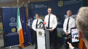 <p>Garda Commissioner Justin Kelly (centre) at a press briefing regarding An Garda Síochána’s role in supporting Ireland’s EU Presidency in Walter Scott House this morning. Picture: Stephen Collins/Collins Photos</p>