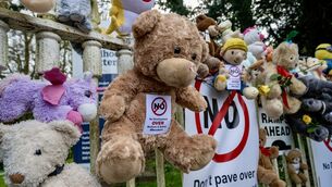 <p>The gates of the Bessborough Mother and Baby Home, Blackrock, Cork, covered with teddy bears during a vigil in which saw scores of people gather to protest Cork City Council’s approval of 140 apartments despite concerns over the burial places of 923 children. Picture: Chani Anderson</p>