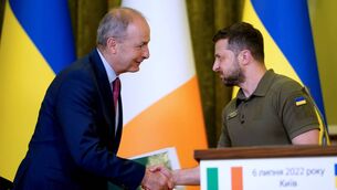 <p>Ukrainian president Volodymyr Zelenskyy greets Taoiseach Micheál Martin ahead of a joint press conference at the Ukrainian Government Building in Kyiv. File picture: PA</p> <p>Ukrainian president Volodymyr Zelenskyy greets Taoiseach Micheál Martin ahead of a joint press conference at the Ukrainian Government Building in Kyiv. File picture: PA</p>