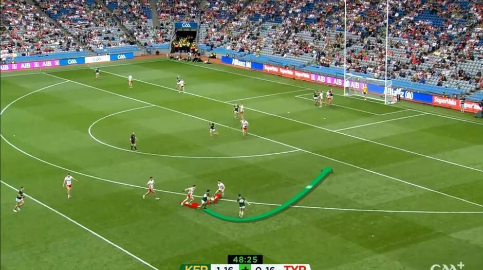 David Clifford sucks in two defenders and sends Paudie into space. David Clifford sucks in two defenders and sends Paudie into space.