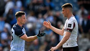<p>CODE-BREAKER: Ross McGarry of Dublin and Galway goalkeeper Connor Gleeson after the All-Ireland SFC quarter-final. Pic: Ray McManus/Sportsfile</p>