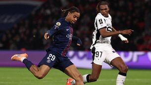 <p>Paris Saint-Germain forward Bradley Barcola attempts to get past Jeremy Jacquet. Pic: FRANCK FIFE / AFP via Getty Images</p> <p>Paris Saint-Germain forward Bradley Barcola attempts to get past Jeremy Jacquet. Pic: FRANCK FIFE / AFP via Getty Images</p>