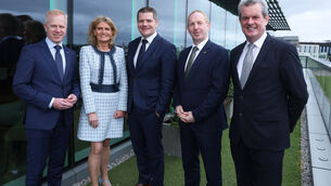<p>Dónal Travers and Mary Buckley, IDA Ireland executive directors; with enterprise minister Peter Burke; chief executive of IDA Ireland Michael Lohan; and Feargal O’Rourke, chair of IDA Ireland.</p>