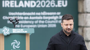<p>President of Ukraine Volodymyr Zelenskyy making a speech at the opening ceremony of Ireland taking on the Council of the European Union</p>