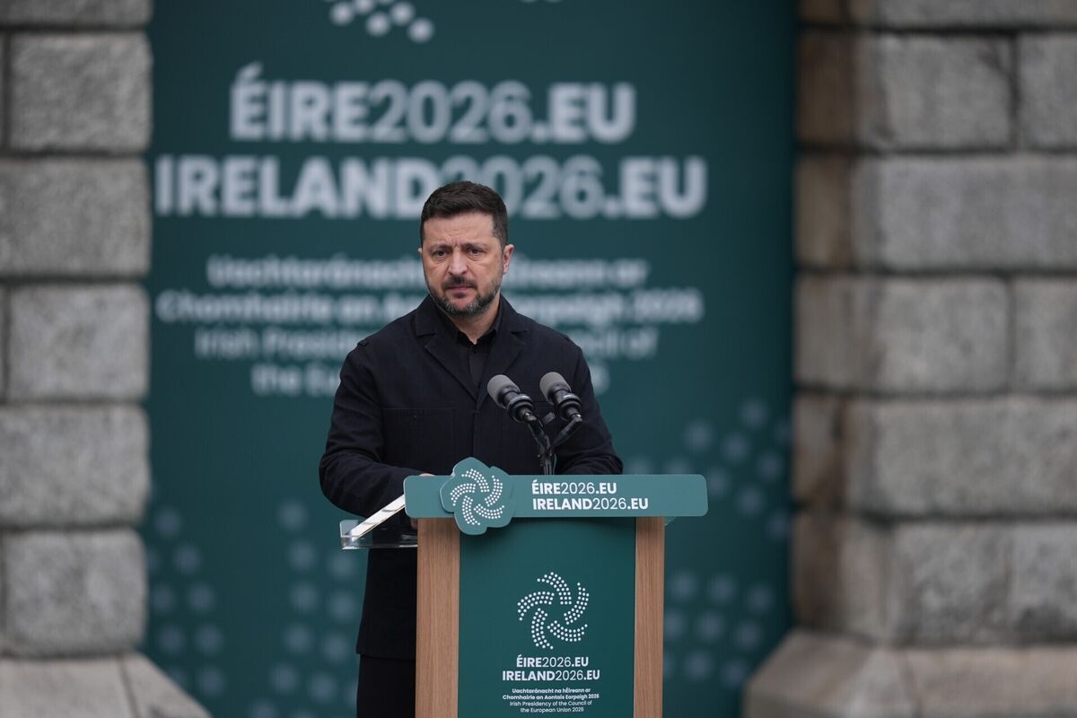 Ukrainian president Volodymyr Zelensky delivering a speech at Dublin Castle during the opening ceremony of Ireland's EU presidency. Picture: Niall Carson Ukrainian president Volodymyr Zelensky delivering a speech at Dublin Castle during the opening ceremony of Ireland's EU presidency. Picture: Niall Carson