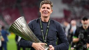 <p>FOREST BOUND?; Oliver Glasner celebrates with the UEFA Europa Conference League trophy.</p>