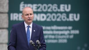 <p>Taoiseach Micheál Martin delivering a speech at Dublin Castle during the opening ceremony of Ireland's EU presidency. Picture: Niall Carson</p>