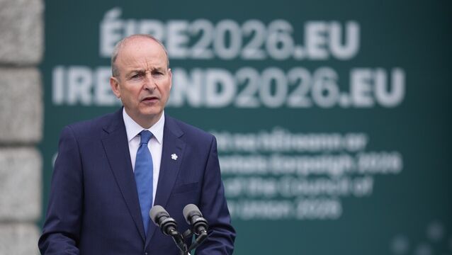 <p>Taoiseach Micheál Martin delivering a speech at Dublin Castle during the opening ceremony of Ireland's EU presidency. Picture: Niall Carson</p>