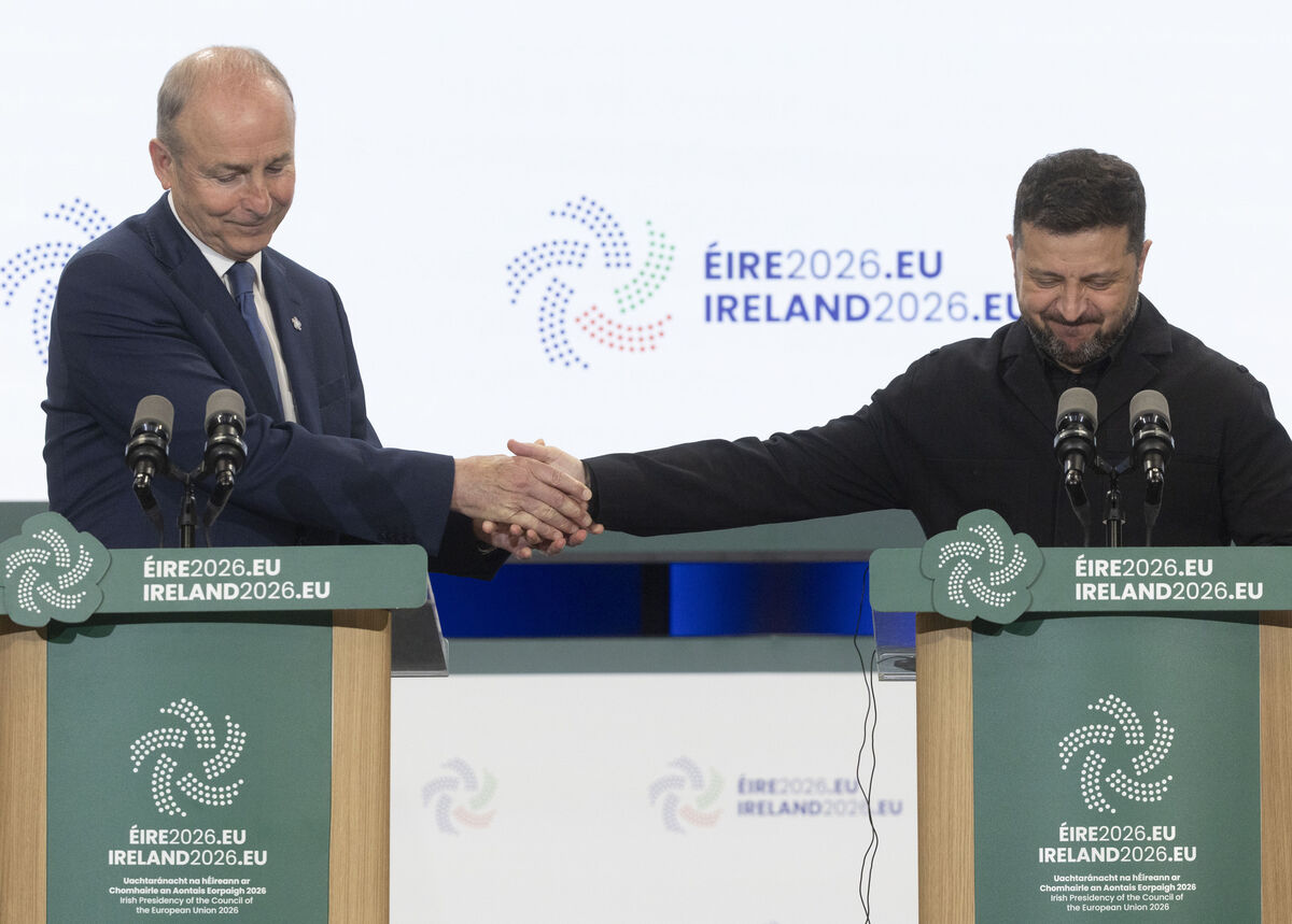 Volodymyr Zelenskyy arrived at Dublin Castle at around 2pm, where ceremonies marking the beginning of the Irish presidency of the EU were being held. Picture: Sam Boal/Collins photos Volodymyr Zelenskyy arrived at Dublin Castle at around 2pm, where ceremonies marking the beginning of the Irish presidency of the EU were being held. Picture: Sam Boal/Collins photos