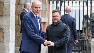 <p>Taoiseach Micheal Martin welcomes Ukraine's President Volodymyr Zelensky as he arrives ahead of a formal ceremony to mark the launch of Ireland's eighth EU presidency, at Dublin Castle. Photo by Paul Faith / POOL / AFP via Getty Images</p> <p>Taoiseach Micheal Martin welcomes Ukraine's President Volodymyr Zelensky as he arrives ahead of a formal ceremony to mark the launch of Ireland's eighth EU presidency, at Dublin Castle. Photo by Paul Faith / POOL / AFP via Getty Images</p>