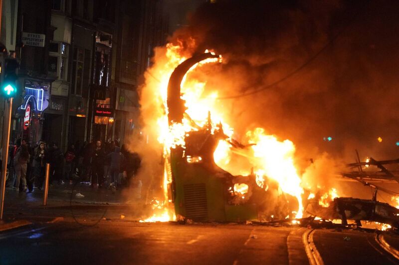 A bus on fire on O'Connell Street in Dublin city centre after violent scenes unfolded. Picture: Brian Lawless/PA Wire A bus on fire on O'Connell Street in Dublin city centre after violent scenes unfolded. Picture: Brian Lawless/PA Wire