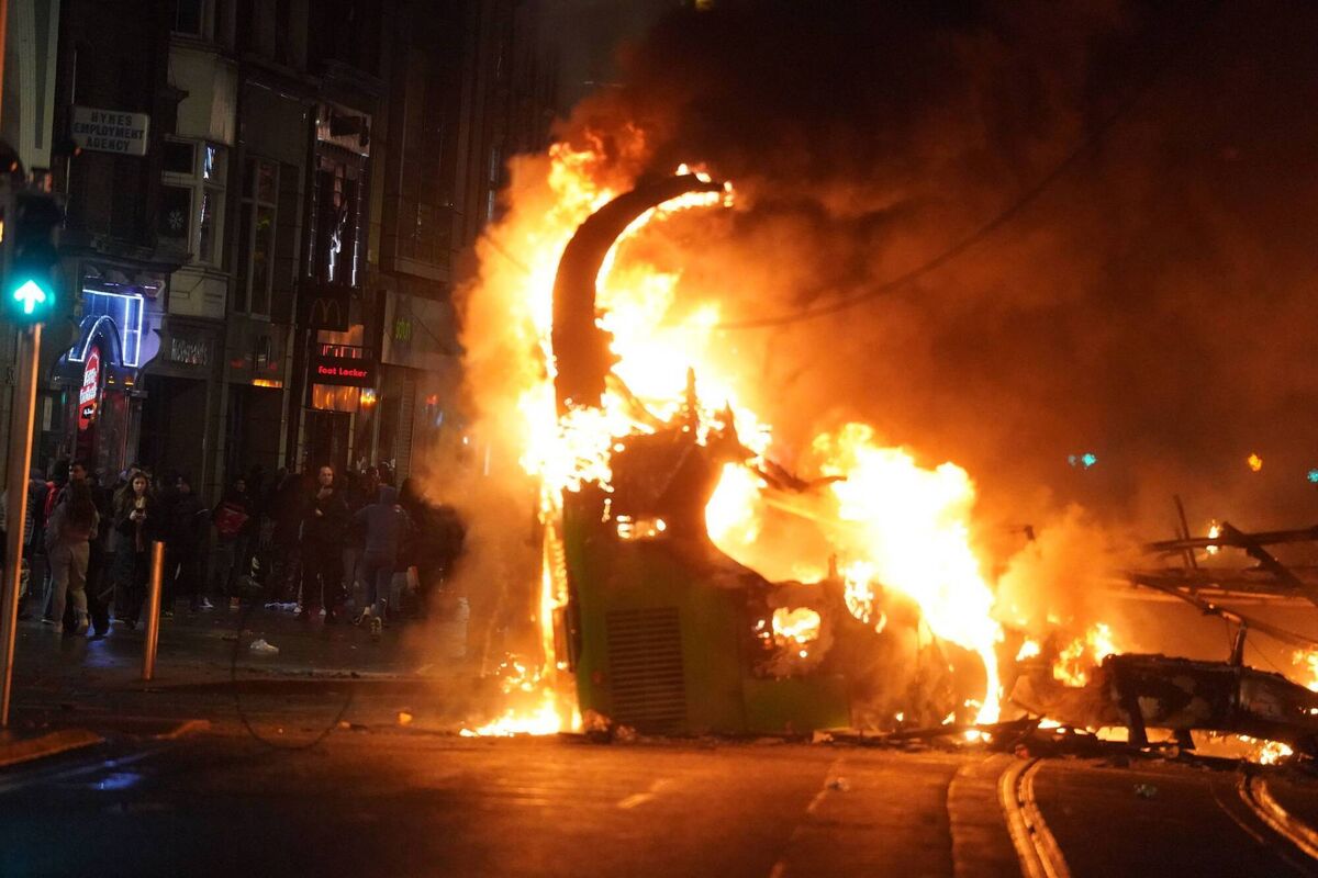 A bus on fire on O'Connell Street in Dublin city centre after violent scenes unfolded. Picture: Brian Lawless/PA Wire A bus on fire on O'Connell Street in Dublin city centre after violent scenes unfolded. Picture: Brian Lawless/PA Wire