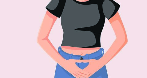 Woman Complains of Stomach Pain Vector Drawing Illustration