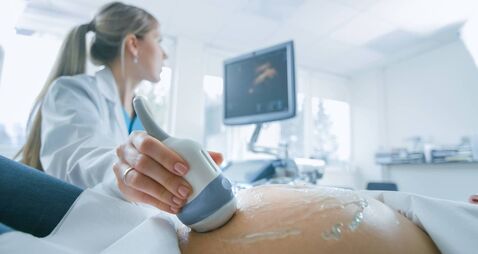 In the Hospital, Close-up Shot of the Doctor does Ultrasound / Sonogram Procedure to a Pregnant Woman. Obstetrician Moving Trans