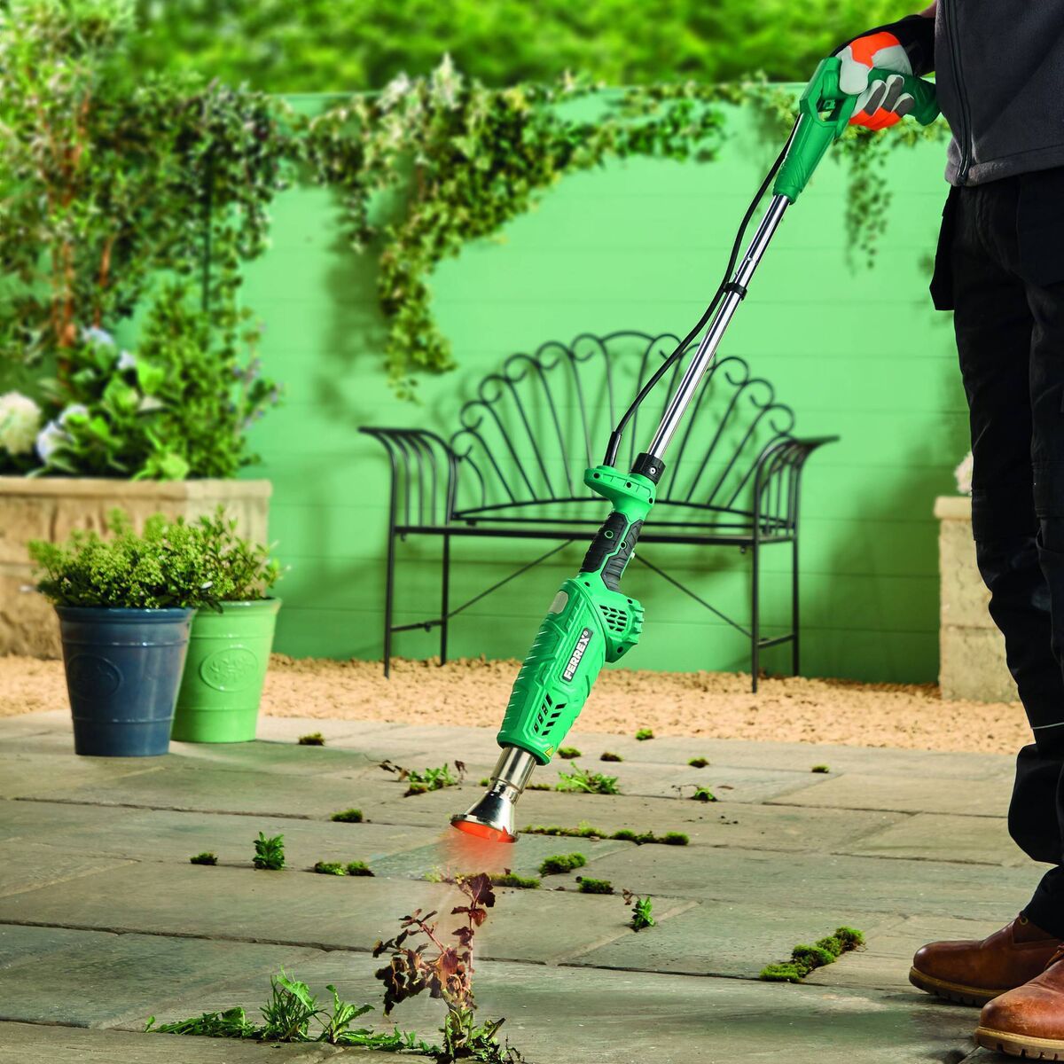 Electric weed burners use super-heated air to boil the moisture in the misplaced plant at around 650C. They're often included in Aldi's rolling offers. Look for models that can also be used to light your barbecue. 