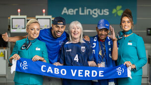 <p>Picture shows Aer Lingus cabin crew members Louise Furlong (left) and Emma Regazzoli (right) with at centre from left Jacques; Judie and Carlos Lopes at Dublin Airport ahead of their flight to Florida. Judie and Carlos Lopes will fly with Aer Lingus to Orlando, and they’ll be cheering for their son Pico on Friday night. Aer Lingus is proud to support the Lopes family’s travel and wishes Pico the very best of luck. For more information on flights and to book the best fares, see www.aerlingus.com Pic:Naoise Culhane-no fee</p>