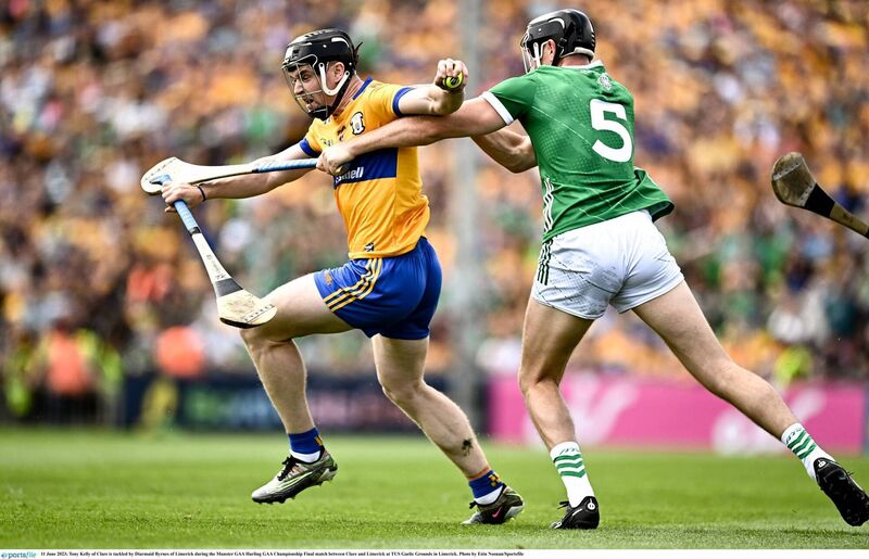 Tony Kelly of Clare is tackled by Diarmaid Byrnes of Limerick during the Munster SHC final match at TUS Gaelic Grounds in Limerick. Pic: Eóin Noonan/Sportsfile Tony Kelly of Clare is tackled by Diarmaid Byrnes of Limerick during the Munster SHC final match at TUS Gaelic Grounds in Limerick. Pic: Eóin Noonan/Sportsfile