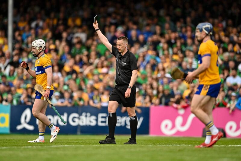 Adam Hogan of Clare is shown a black card by referee Michael Kennedy during the Munster SHC Round 3 match at Zimmer Biomet Páirc Chíosóg in Ennis. Pic: Tom Beary/Sportsfile Adam Hogan of Clare is shown a black card by referee Michael Kennedy during the Munster SHC Round 3 match at Zimmer Biomet Páirc Chíosóg in Ennis. Pic: Tom Beary/Sportsfile