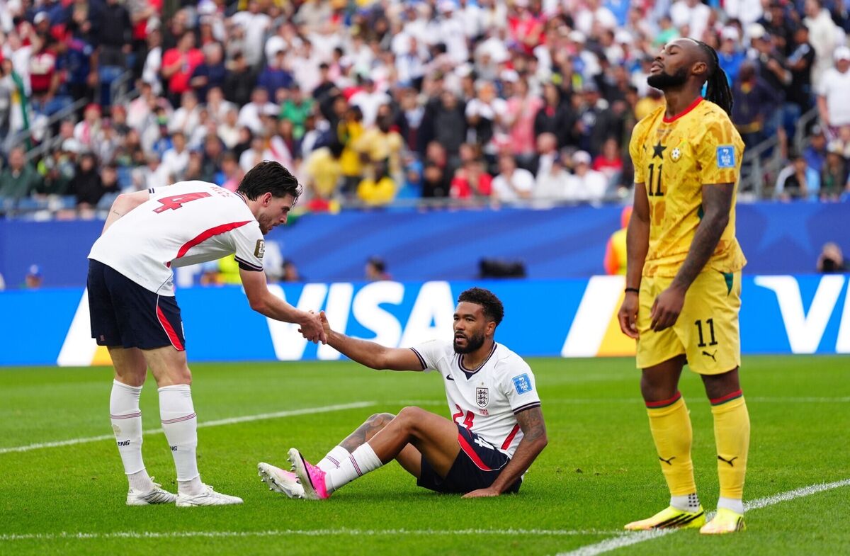 HELPING HAND: Declan Rice helps Reece James to his feet after a knock against Ghana. Pic: Bradley Collyer/PA HELPING HAND: Declan Rice helps Reece James to his feet after a knock against Ghana. Pic: Bradley Collyer/PA