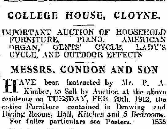 College House, Cloyne advertisement Cork Examiner February 17, 1912