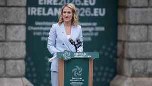 <p>Foreign affairs minister Helen McEntee delivers a speech at Dublin Castle in Dublin, during the opening ceremony of Ireland's EU presidency. Picture: Niall Carson</p>