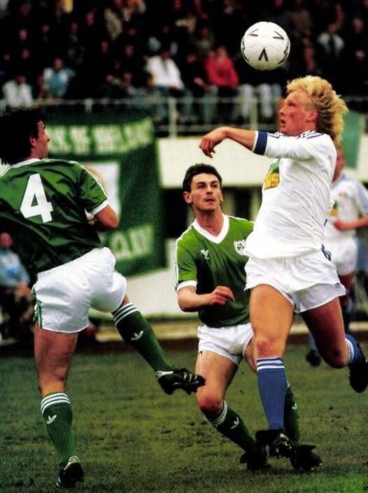 Kevin Moran and Mick Kennedy compete with an Icelandic player during the win in Reykjavik. Pic via Lansdowne Road Facebook
