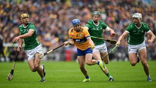 <p>9 June 2024; Shane O'Donnell of Clare in action against Limerick players, from left, Dan Morrissey, Will O'Donoghue and Kyle Hayes during the Munster GAA Hurling Senior Championship final match between Clare and Limerick at FBD Semple Stadium in Thurles, Tipperary. Photo by Brendan Moran/Sportsfile</p>
