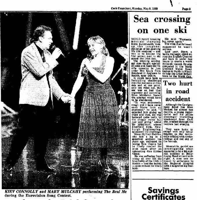 Kiev Connolly and Mary Mulcahy performing 'The Real Me' during the Eurovision Song Contest. Cork Examiner Monday, May 8, 1989 