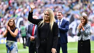 <p>Monica McGuirk of Meath, who played in the first Lidl National League Finals to be held in Croke Park in 2021, is presented to the crowd during a special presentation to celebrate key milestones in 50 years of the LGFA at half-time of the TG4 All-Ireland Ladies Football Senior Championship Final match between Galway and Kerry at Croke Park in Dublin. Photo by Piaras Ó Mídheach/Sportsfile</p>