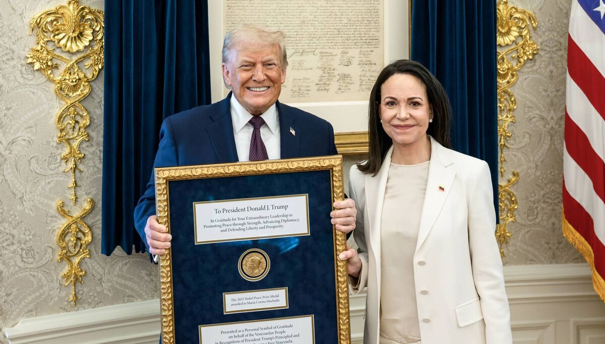US president Donald Trump meets with María Corina Machado, of Venezuela, in the Oval Office, during which she presented the president with her Nobel Peace Prize.