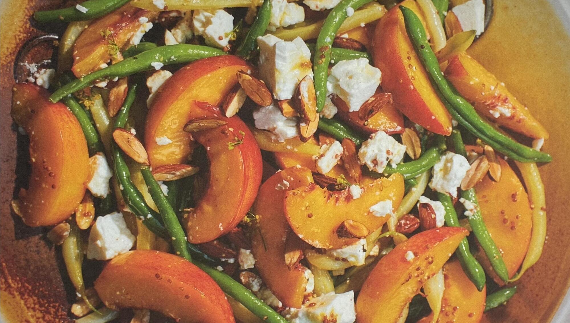 Salad of Nectarines, Green Beans, Almonds and Feta with Simple Vinaigrette. Recipe by Sarah Johnson