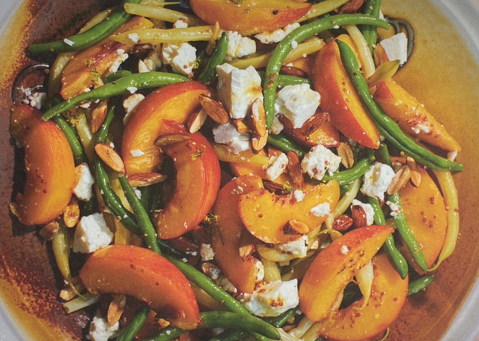 Salad of Nectarines, Green Beans, Almonds and Feta with Simple Vinaigrette. Recipe by Sarah Johnson