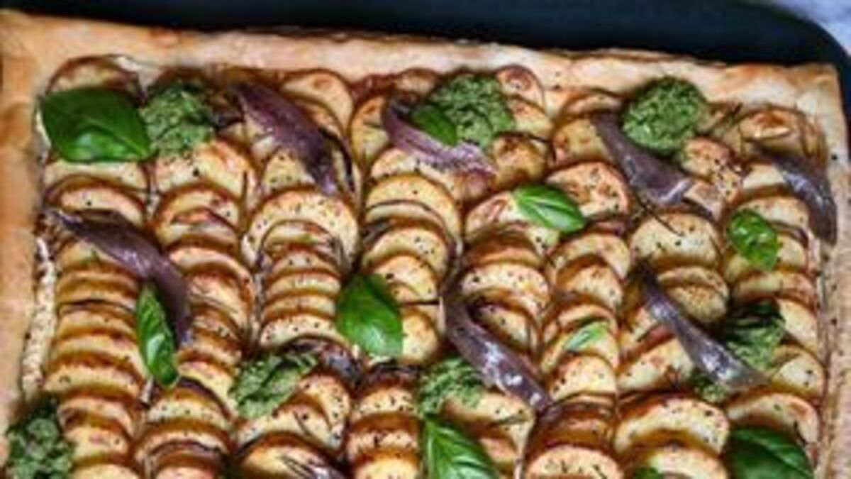 Potato, ricotta and anchovy tart with sunflower seed pesto