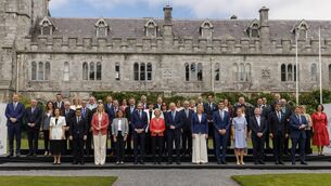 <p class="contextmenu internal_Caption">Tánaiste Simon Harris (front row,centre left), Taoiseach Micheál Martin (front row, centre right) and European Commission president Ursula von der Leyen (front row, centre) pose for a family photo with government ministers and the 27 EU commissioners at University College Cork as Ireland begins its presidency of the EU Council. Picture: Liam McBurney/PA</p>