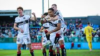 Douglas James-Taylor celebrates scoring the second goal with Senan Mullen, Connor Parsons and Ross Tierney 3/7/2026
