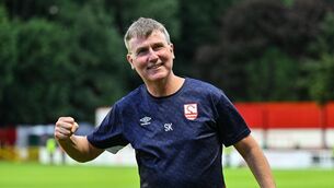 <p>THREE CHEERS: St Patrick's Athletic manager Stephen Kenny celebrates. Pic: Sam Barnes/Sportsfile</p>