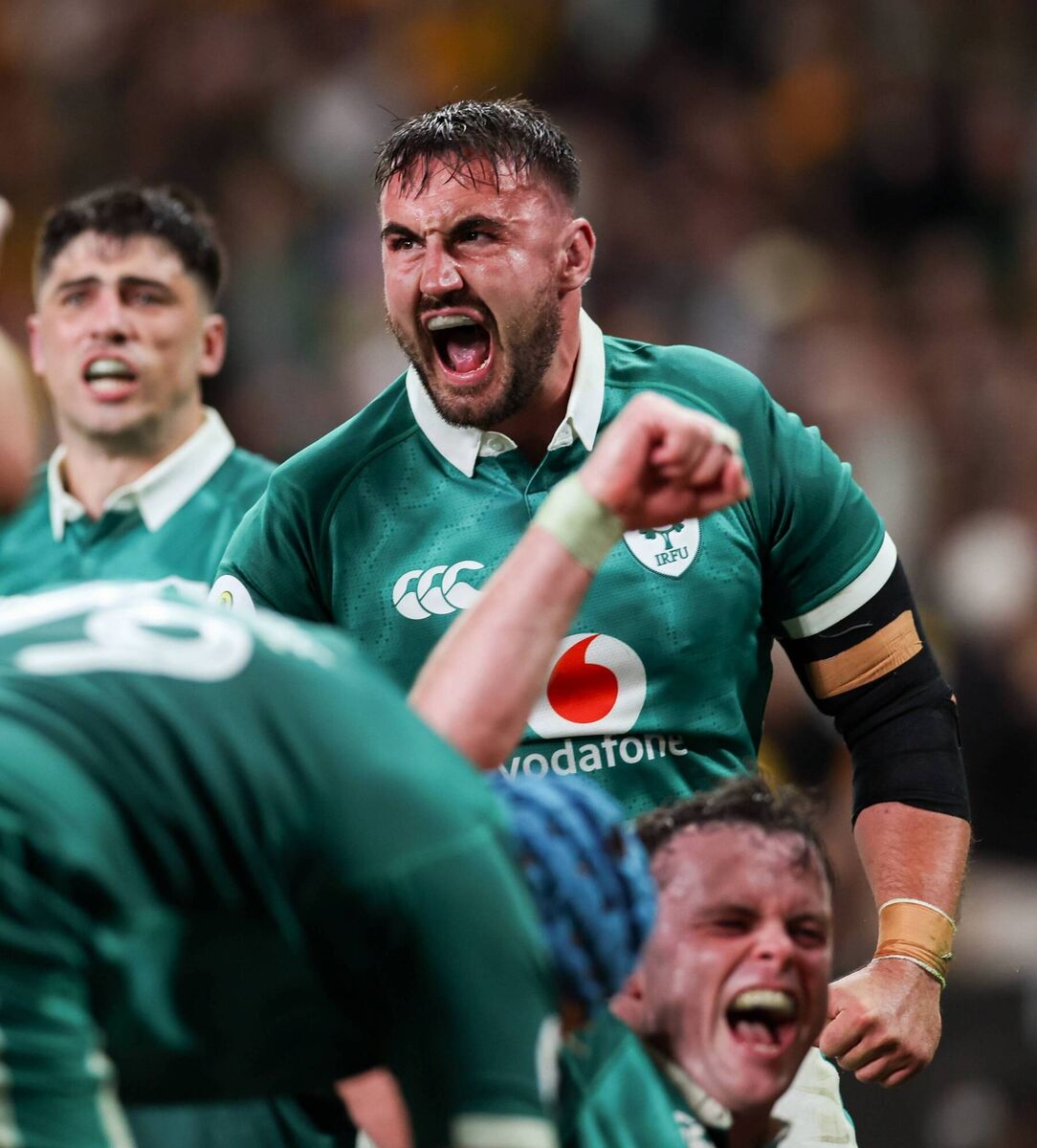 DELIGHT: Ireland hooker Rónan Kelleher celebrates his side's fifth try scored by his front row partner Thomas Clarkson at Allianz Stadium in Sydney, Australia. Pic: Steve Christo/Sportsfile DELIGHT: Ireland hooker Rónan Kelleher celebrates his side's fifth try scored by his front row partner Thomas Clarkson at Allianz Stadium in Sydney, Australia. Pic: Steve Christo/Sportsfile