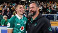 Sam Prendergast and Andy Farrell celebrate after the match 4/7/2026
