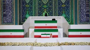 The coffins of the late Iranian Supreme Leader Ayatollah Ali Khamenei, center on top, and members of his family (Vahid Salemi/AP) The coffins of the late Iranian Supreme Leader Ayatollah Ali Khamenei, center on top, and members of his family (Vahid Salemi/AP)