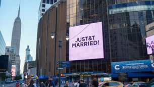 <p>A "Just Married" sign is displayed on Madison Square Garden during a wedding between singer Taylor Swift and NFL player Travis Kelce. Picture: AP Photo/Ryan Murphy</p>