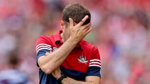 <p>TOUGH DAY: Cork manager Ben O'Connor suffering in the final stages of Saturday's All-Ireland SHC semi-final loss to Galway at Croke Park. Pic: Ryan Byrne, Inpho</p>